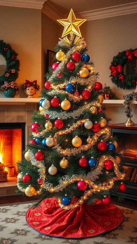 A vintage 1950s Christmas tree with colorful ornaments and tinsel in a cozy living room.